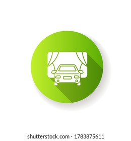 Drive In Movie Theater Flat Design Long Shadow Glyph Icon. Outdoor Cinema. Watching Film In Automobile. Summer Entertainment. Screen And Car. Silhouette RGB Color Illustration