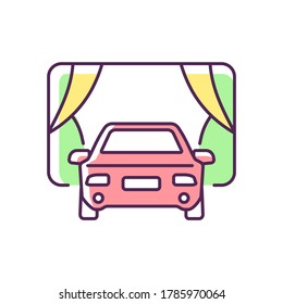 Drive In Movie Theater RGB Color Icon. Outdoor Cinema. Watching Film In Automobile. Summer Entertainment. Screen And Car. Isolated Vector Illustration