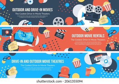 Drive in movie theater set horizontal background vector flat illustration. Outdoor cinema ticket, popcorn, drink beverage and screen advertising promo with place for text. Film festival announcement