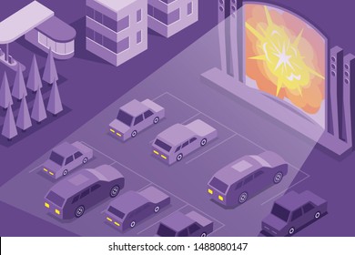 Drive In Open Air Cinema Isometric Composition With Large Outdoor Movie Screen And Parking Area Vector Illustration 