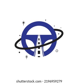 Fahren Sie mit dem Vektorlogo-Design des Planeten fort. Lenkrad-Umlaufsymbol oder Symbol