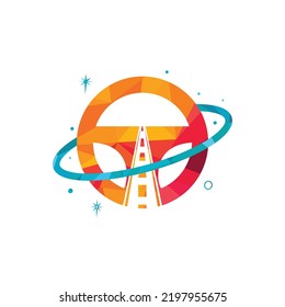 Drive planet vector logo design. Steering wheel orbit symbol or icon.