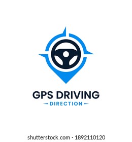 Drive point logo design template. Map pointer. Steering wheel and gps map location icon vector combination. Creative steer spot symbol concept.