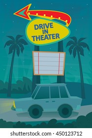 Drive In Poster - A Night Scene Of A Drive In Theater Entrance, With A Neon Sign And A Car Driving By. Eps10