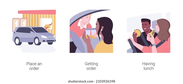 Drive In Restaurant Isolated Cartoon Vector Illustration Set. People Drive In For Ordering Takeaway Food And Drinks, Get Order From Restaurant Worker, Eating Yummy Burger In The Car Vector Cartoon.