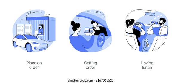 Drive in restaurant isolated cartoon vector illustrations set. People drive in for ordering takeaway food and drinks, get order from restaurant worker, eating yummy burger in the car vector cartoon.