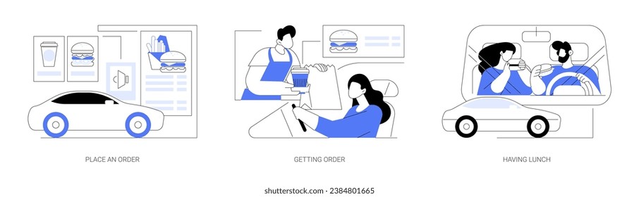 Drive in restaurant isolated cartoon vector illustrations set. People drive in for ordering takeaway food and drinks, get order from restaurant worker, eating yummy burger in the car vector cartoon.