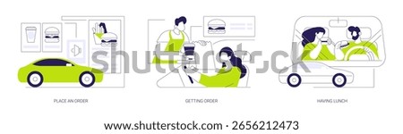 Drive in restaurant isolated cartoon vector illustrations set. People drive in for ordering takeaway food and drinks, get order from restaurant worker, eating yummy burger in the car vector cartoon.