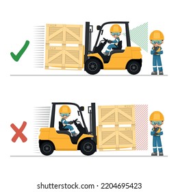 Drive in reverse if the load obstructs vision. Safety in handling a fork lift truck. Security First. Accident prevention at work. Industrial Safety and Occupational Health