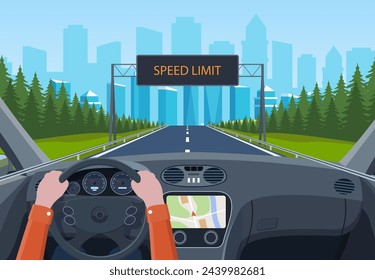 Drive safely concept. The driver s hands on the steering wheel. billboard informating about speed limit. View of the road from car interior. inside car driver. Vector illustration in flat style