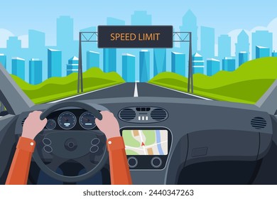 Drive safely concept. The driver s hands on the steering wheel. billboard informating about speed limit. View of the road from car interior. inside car driver. Vector illustration in flat style