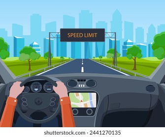 Conduce con seguridad. Las manos del conductor en el volante. Cartel que informa sobre el límite de velocidad. Vista de la carretera desde el interior del coche. Ilustración vectorial en estilo plano