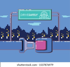 drive safely design with seat and board sign over city buildings and purple background, colorful design vector illustration