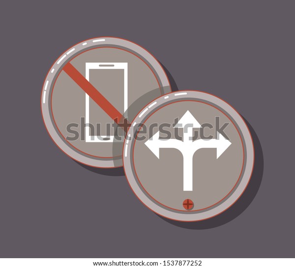 drive safely forbidden sign with cellphone\
traffic board arrow vector\
illustration