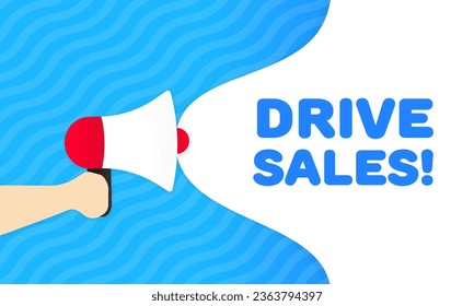 Drive sales icon. Flat, blue. Boost auto sales with our creative marketing. Vibrant blue illustration featuring a car. Drive sales. Buy or rent vehicles. Vector icon