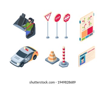 Fahre die Schule. Menschen, die Regeln für Fahrerprüfungen lernen, verarbeiten Autos, die Schülerinnen und Schüler verwenden, garnisch vektorisometrische Illustrationen einzeln