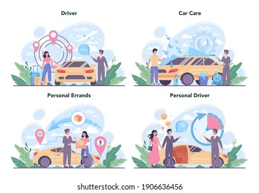 Drive service concept set. Automobile cab with driver inside. Personal driver. Idea of public city transportation. Isolated flat vector illustration