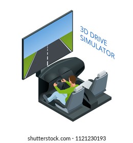 Drive Simulator. Design Concept Driving School Or Learning To Drive. Flat Isometric Illustration.