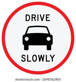 Dirija lentamente assinar vetor, aviso de tráfego circular, ícone de segurança rodoviária de borda vermelha, design de silhueta de carro, placa de alerta de velocidade, alerta de zona urbana.