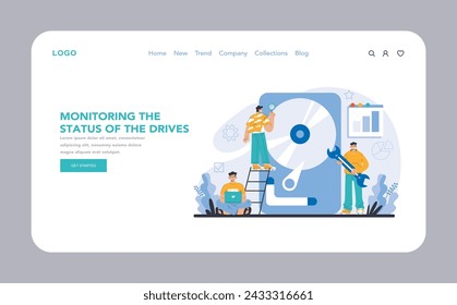 Drive Status Monitoring web or landing page. Depicting meticulous oversight of storage health and performance. Real-time data drive analysis and maintenance. Flat vector illustration.