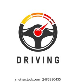 Drive steering wheel icon. Tech and safe drive, driving school and electric car symbol of control and navigation. Isolated vector emblem with car helm and speedometer arrow for automotive and driving