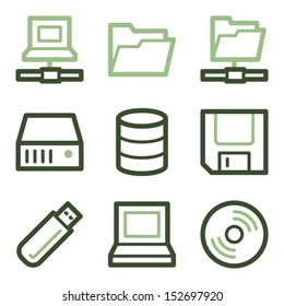 Drive and storage icons, green line contour series