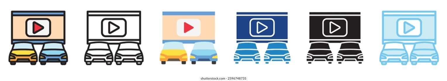 drive in theater multi style, mini illustration icon set. outline, flat, glyph, line color, UI, UX, app and web, digital or print. related to movie, cinema, entertainment.