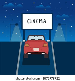 Drive in theater. 
Open-air cinema in the car. Night city with stars. Vector cartoon illustration.