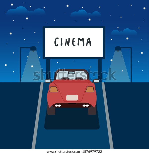 Drive in theater. \
Open-air\
cinema in the car. Night city with stars. Vector cartoon\
illustration.