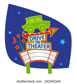 Drive In Theater Sign - Cute drive in sign with car, arrow, blank movie sign and night sky in the background. Eps10