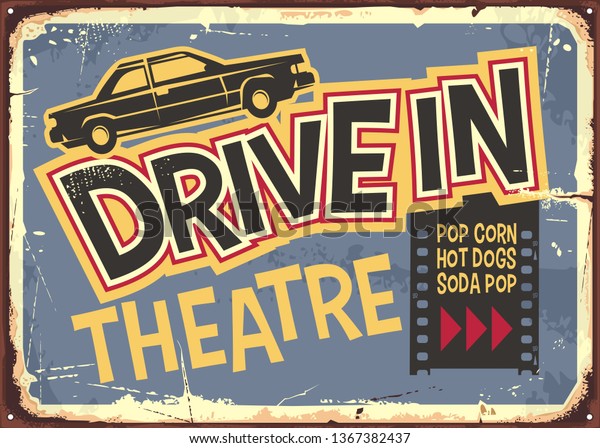 Drive in theater vintage sign design. Open\
air cinema retro poster with funky typography and car graphic.\
Vector movie and film\
illustration.