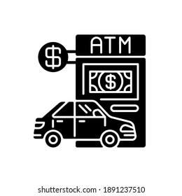 Drive through ATM black glyph icon. Bank services. Transport lane to terminal. Automated machine. Financial checkout for drive. Silhouette symbol on white space. Vector isolated illustration