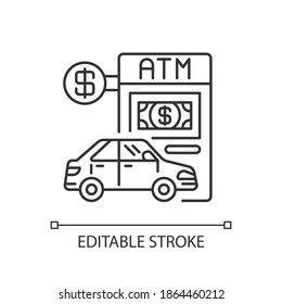 Drive through ATM linear icon. Bank services. Transport lane to terminal. Automated machine. Thin line customizable illustration. Contour symbol. Vector isolated outline drawing. Editable stroke