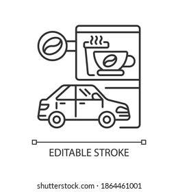 Drive through coffee shop linear icon. Transport lane for store customer. Coffeeshop order. Thin line customizable illustration. Contour symbol. Vector isolated outline drawing. Editable stroke