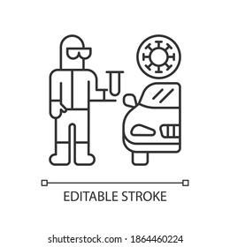 Drive through covid testing linear icon. Check for coronavirus. Pandemic precaution. Thin line customizable illustration. Contour symbol. Vector isolated outline drawing. Editable stroke