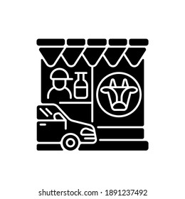 Drive through dairy shop black glyph icon. Milk supermarket. Convenience store for drivers. Transport lane to drive in window. Silhouette symbol on white space. Vector isolated illustration