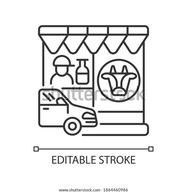 Drive\
through dairy shop linear icon. Milk supermarket. Convenience store\
for drivers. Thin line customizable illustration. Contour symbol.\
Vector isolated outline drawing. Editable\
stroke