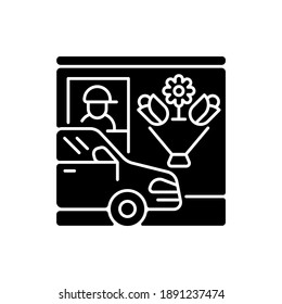 Drive through flower shop black glyph icon. Florist services. Store with transport lane. Express delivery. Plant seller. Silhouette symbol on white space. Vector isolated illustration