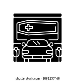 Drive Through Funeral Home Black Glyph Icon. Bury Coffin. Ritual Transportation. Memorial Ceremony On Cemetery. Rest In Peace. Silhouette Symbol On White Space. Vector Isolated Illustration