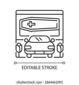 Drive Through Funeral Home Linear Icon. Bury Coffin. Ritual Transportation. Rest In Peace. Thin Line Customizable Illustration. Contour Symbol. Vector Isolated Outline Drawing. Editable Stroke