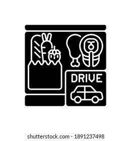 Drive Through Grocery Shopping Black Glyph Icon. Convenience Store. Supermarket With Transport Lane. Express Food Delivery. Silhouette Symbol On White Space. Vector Isolated Illustration