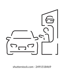 Drive through linear icon. Bank services, ATM, Transport lane to terminal. Contour symbol. Editable stroke