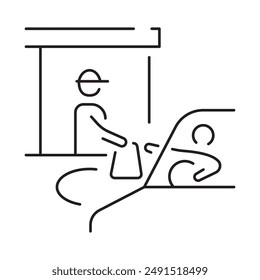 Drive through linear icon. Bank services, ATM, Transport lane to terminal. Contour symbol. Editable stroke