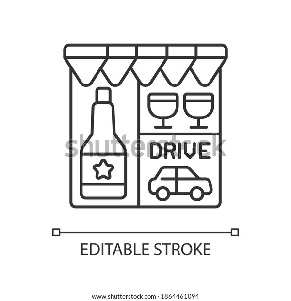 Drive through liquor store linear icon. Alcohol\
and spirits. Alcoholic drinks in shop. Thin line customizable\
illustration. Contour symbol. Vector isolated outline drawing.\
Editable stroke