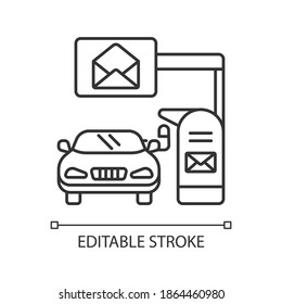 Drive through mailbox linear icon. American post office with transport lane. Postal service. Thin line customizable illustration. Contour symbol. Vector isolated outline drawing. Editable stroke