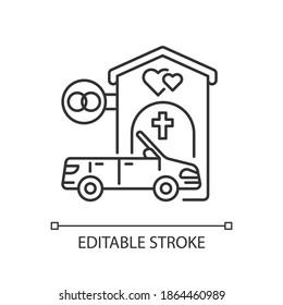 Drive through marriage chapel linear icon. Small church for wedding. Car for newlyweds. Thin line customizable illustration. Contour symbol. Vector isolated outline drawing. Editable stroke