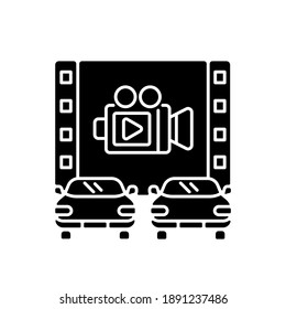 Drive Through Movie Theater Black Glyph Icon. Film On Large Screen. Cars In Outdoors Cinema. Watch Video From Transport Lane. Silhouette Symbol On White Space. Vector Isolated Illustration