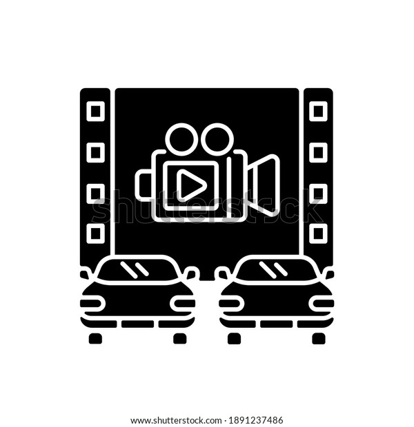 Drive
through movie theater black glyph icon. Film on large screen. Cars
in outdoors cinema. Watch video from transport lane. Silhouette
symbol on white space. Vector isolated
illustration