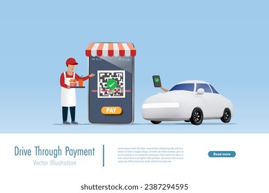 Drive through payment on smartphone app. Car driver scanning qr code paying for food and drink in restaurant. Cashless and contactless payment financial technology. Vector.