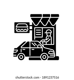 Drive Through Restaurant Black Glyph Icon. Fast Food Cafe With Car Lane. Retail, Commercial Service. Buy Burger. Take Out Junk Food. Silhouette Symbol On White Space. Vector Isolated Illustration